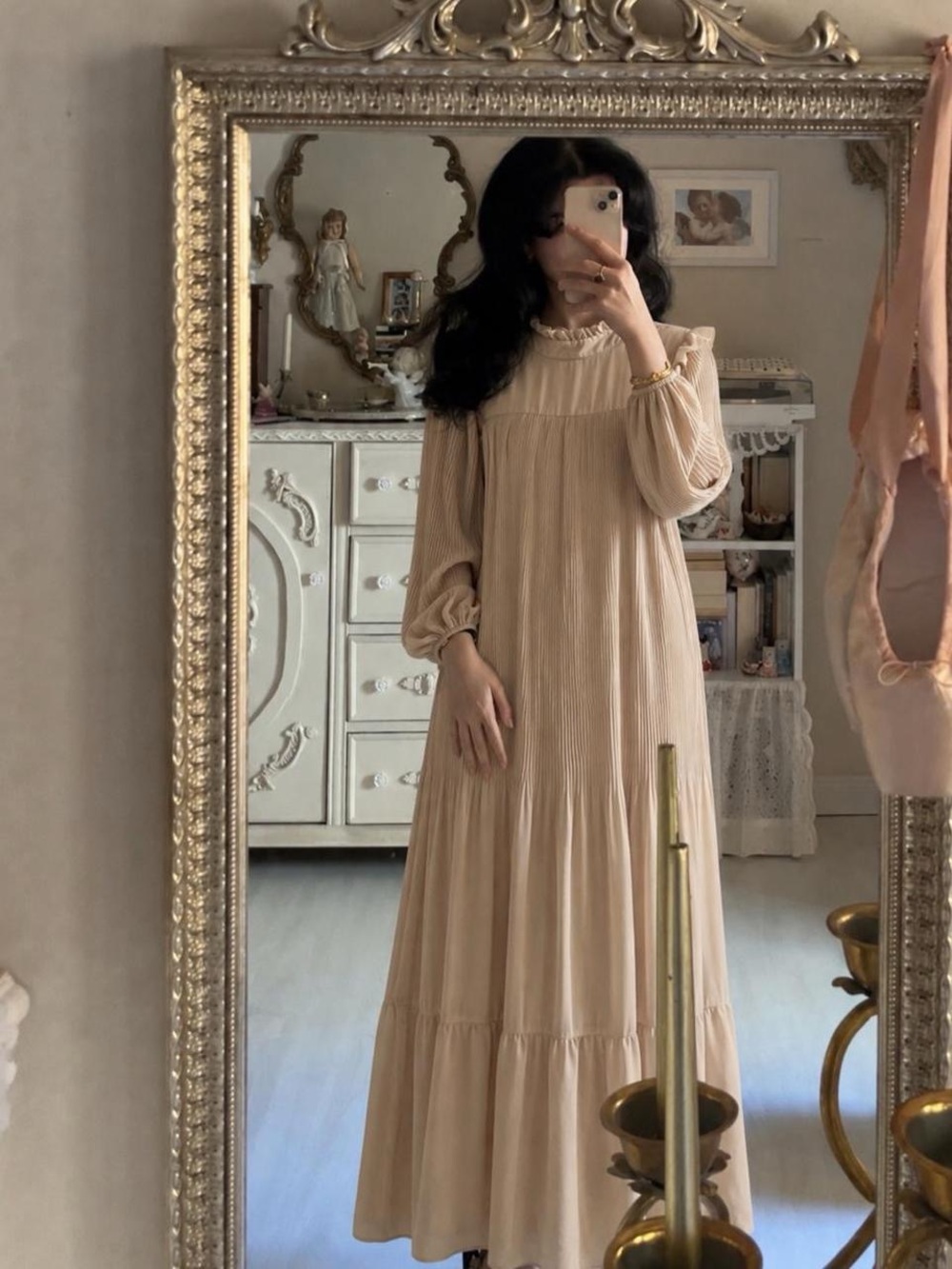 Soft Beige Ruffled Maxi Dress - Romantic Long Sleeve Maxi